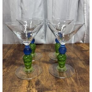 Richard Jolley 1996 American Art Sapphire Bombay Tiki Martini Glasses Set of 4
